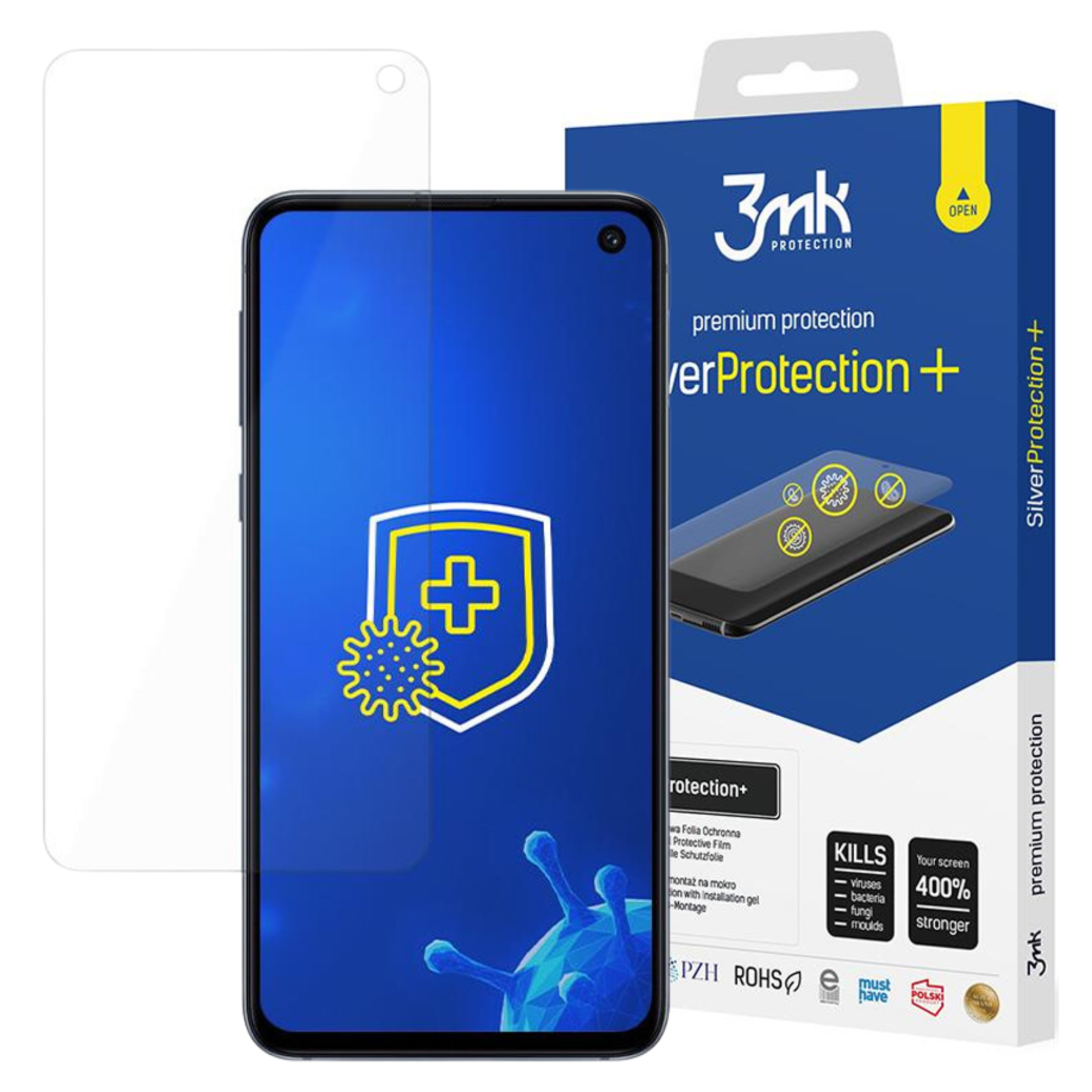 Smartfon z ochraniaczem ekranu, ochraniacz ekranu i pudełko ochraniacza ekranu z etykietami ochronnymi.