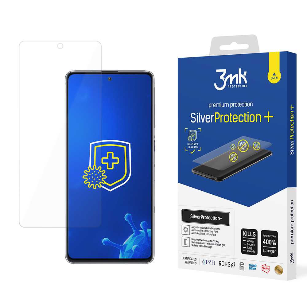 Un telefono con protezione schermo, una scatola con la stessa protezione e un grafico che mostra l'eliminazione dei germi.