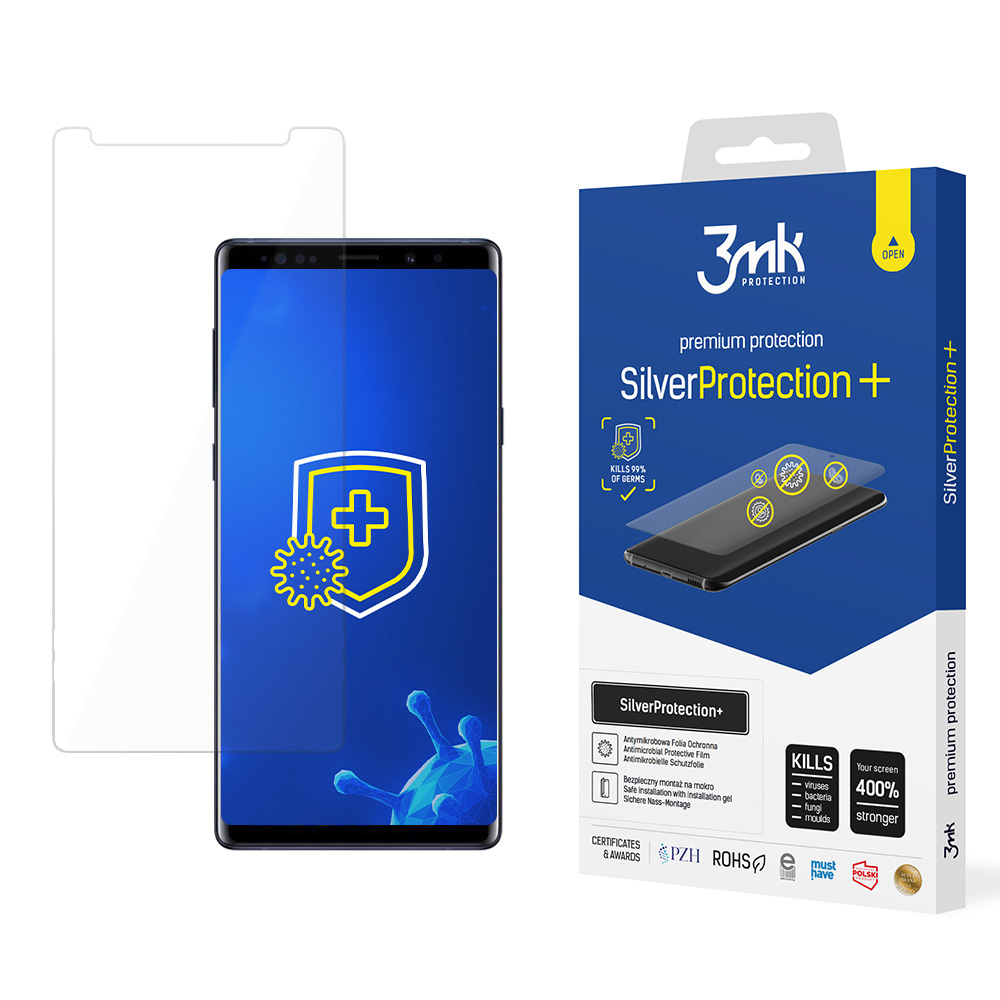 Un telefono con protezione schermo, una scatola con la stessa protezione e un'icona a scudo con un segno più.