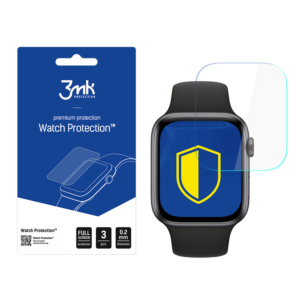 L'immagine mostra un orologio con protezione schermo, una confezione con il marchio '3mk' e la scritta 'Watch Protection'.
