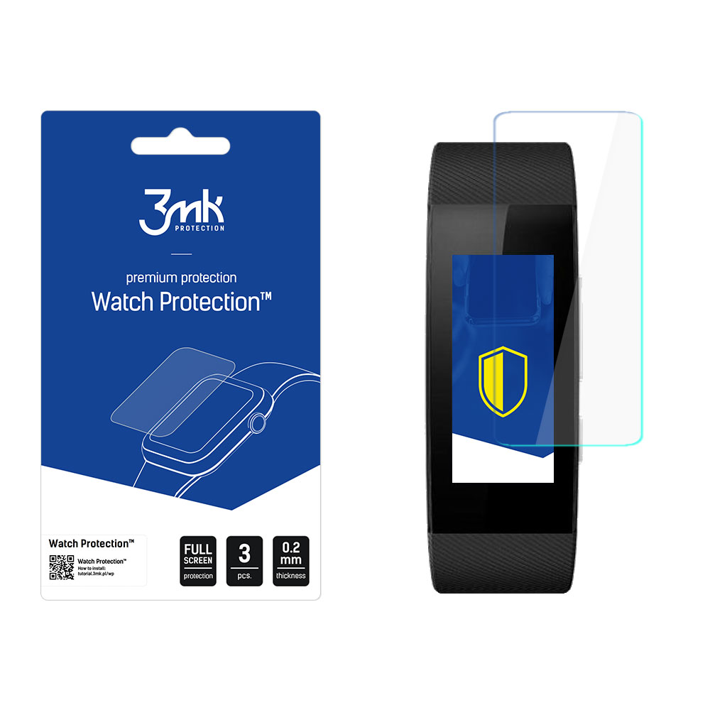 Un kit proteggi schermo per orologio con un orologio, una protezione per lo schermo e una confezione blu con testo e grafica.