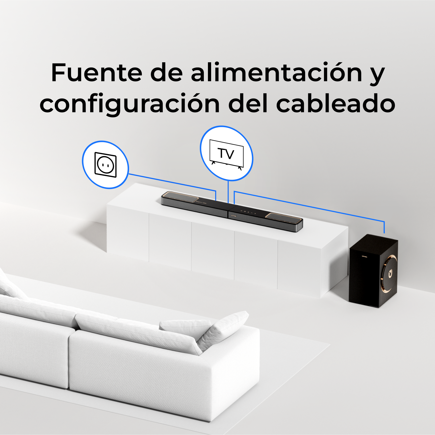 Diagrama que muestra la configuración de la barra de sonido con TV, toma de corriente y subwoofer. Sofá blanco en primer plano, todo sobre fondo blanco.