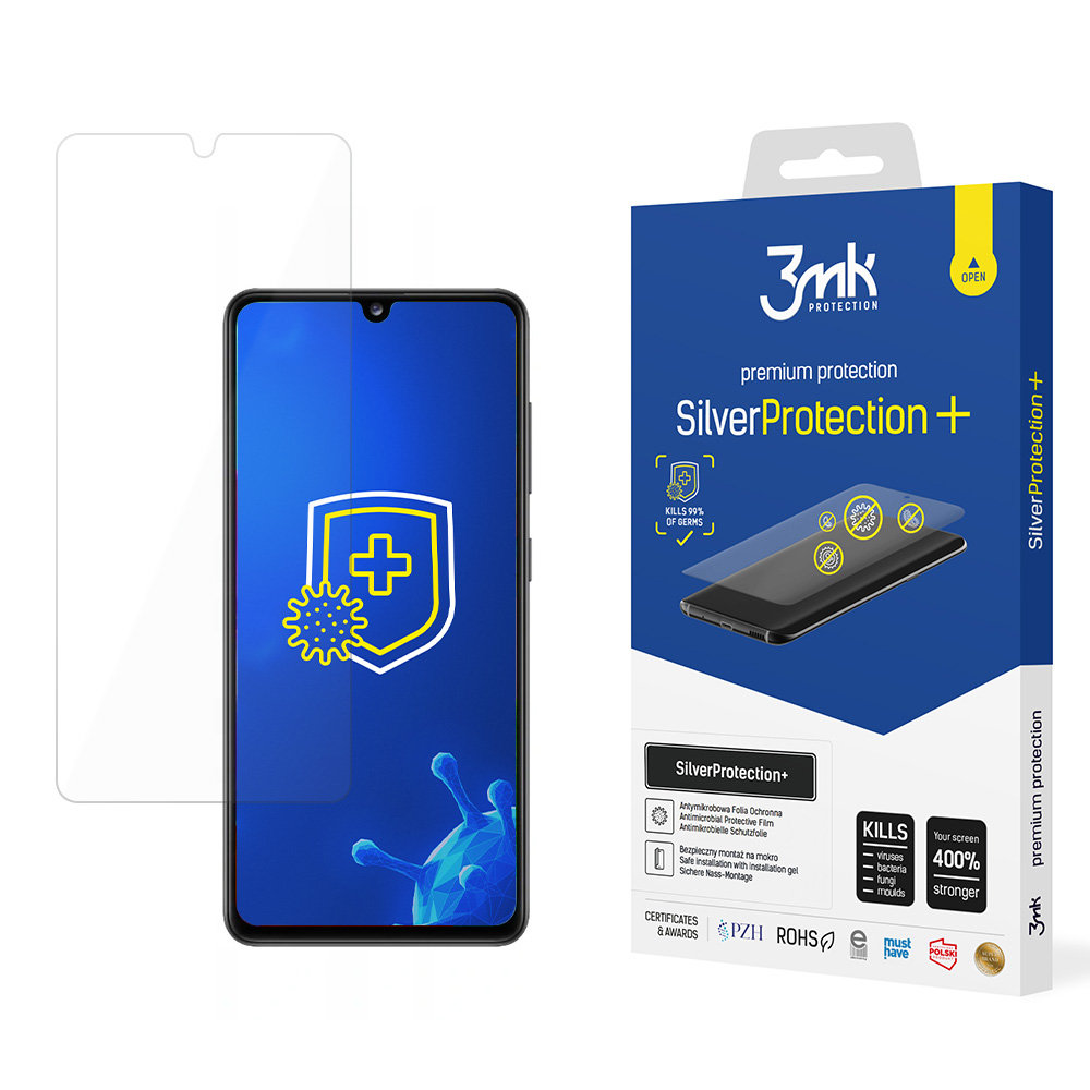 Un proteggi schermo e una scatola. Il proteggi schermo è su un telefono. La scatola dice Silver Protection+.