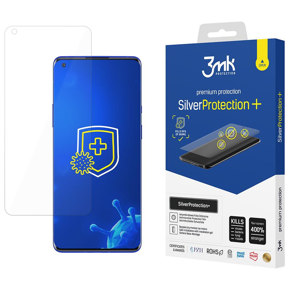 Una scatola di protezione per lo schermo del telefono e una protezione per lo schermo del telefono, con un tema blu e bianco. La scatola dice SilverProtection+.