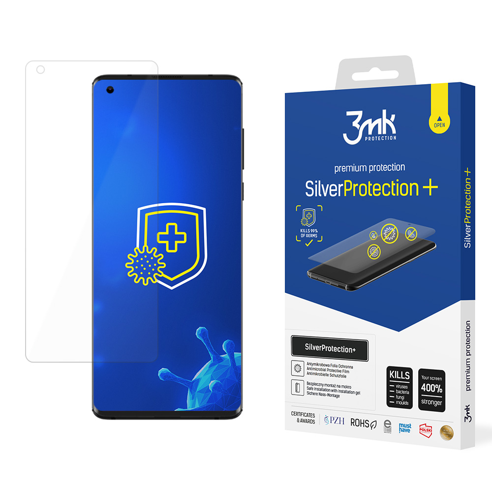 Ochrona ekranu telefonu z telefonem i jego pudełkiem. Pudełko reklamuje SilverProtection+.