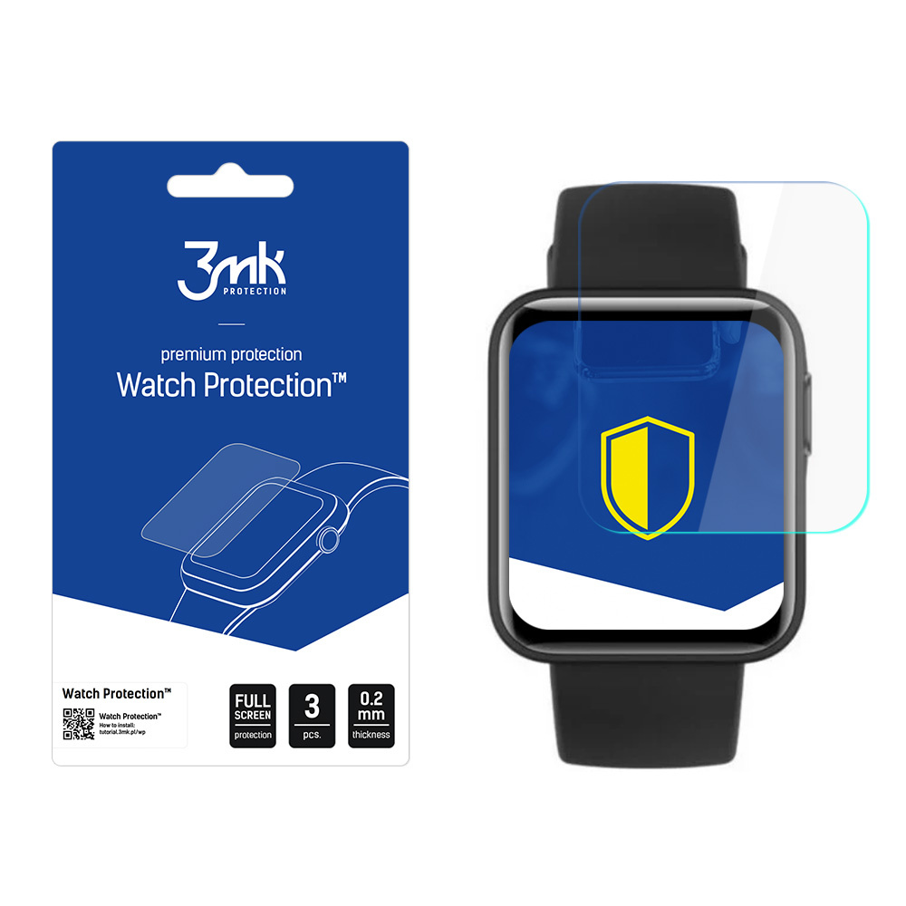 Uno smartwatch con protezione schermo e confezione. La confezione riporta 'Watch Protection' con logo e dettagli.