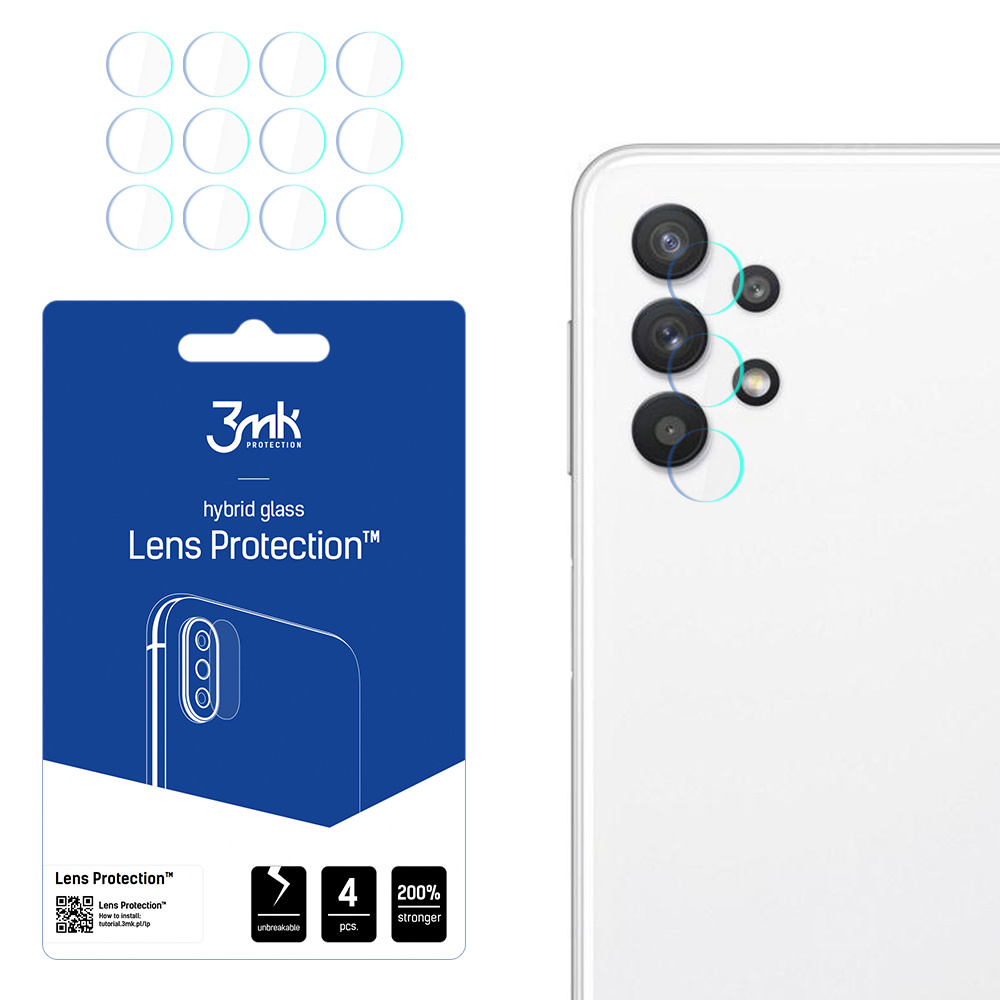 Un telefono e protezioni per lenti. Il telefono ha fotocamere, la confezione dice 'Lens Protection'. Ci sono 12 piccoli cerchi sopra la confezione.