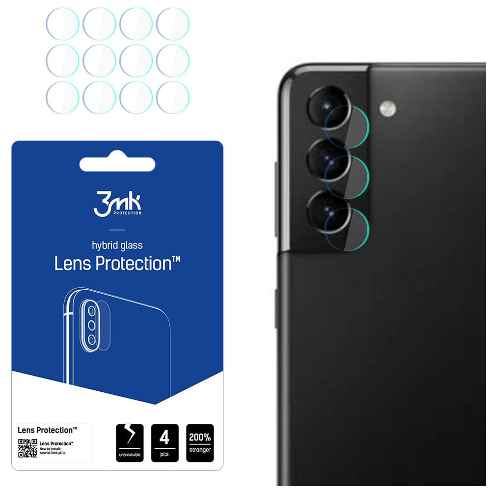 Telefon i zestaw ochronny. Zestaw zawiera osłony obiektywów i niebieskie opakowanie. Telefon jest czarny i ma trzy aparaty.