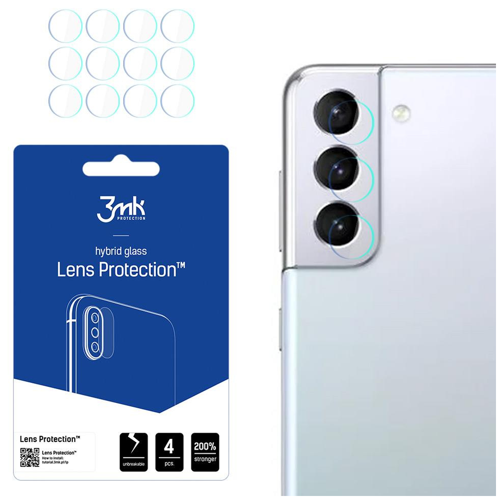 La imagen muestra un teléfono con protectores de lente. Se ve un paquete con protección de lente y una parte trasera del teléfono con lentes de cámara.