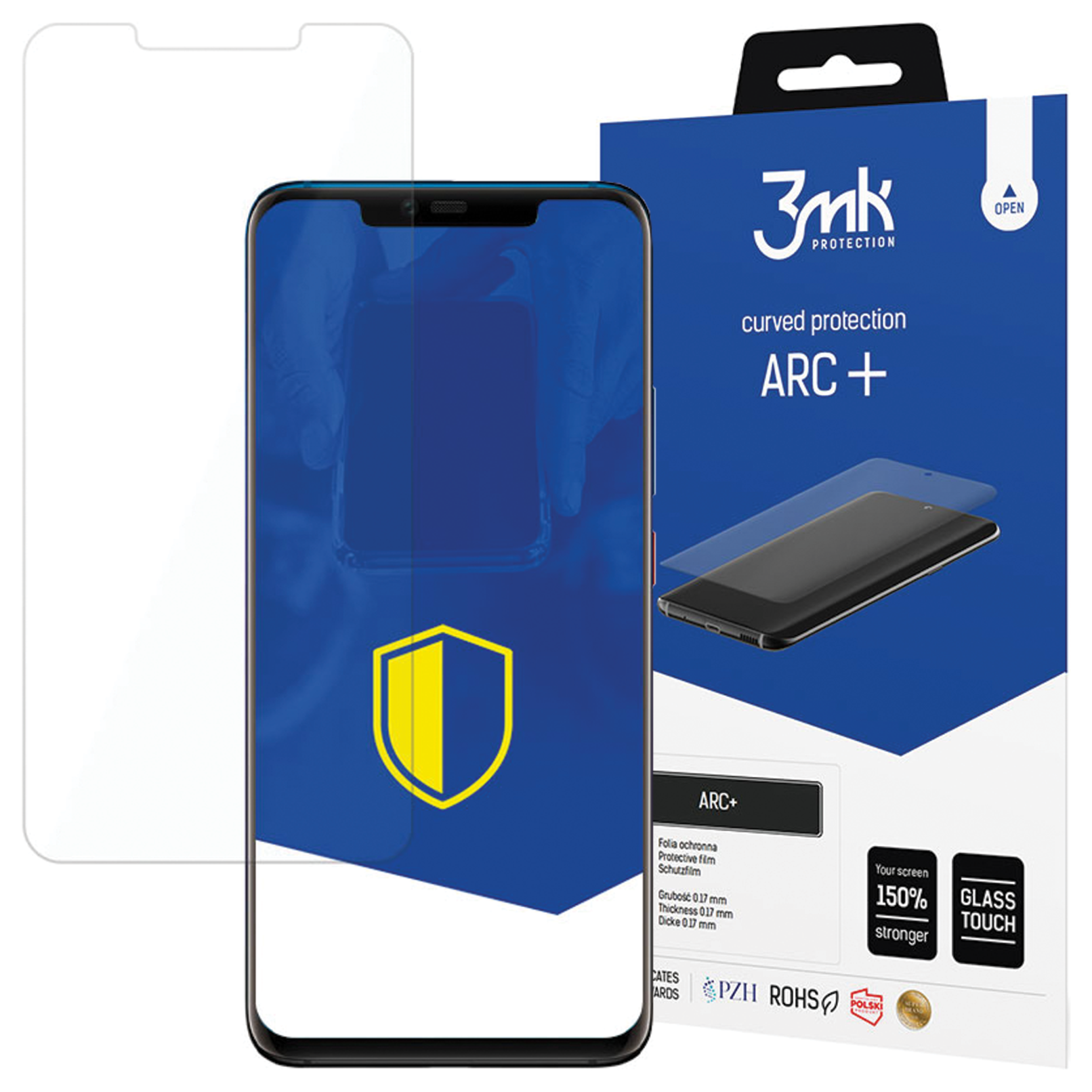 Un telefono e una protezione per lo schermo sono esposti. Sulla confezione c'è scritto ARC+, curved protection e 3mk PROTECTION.