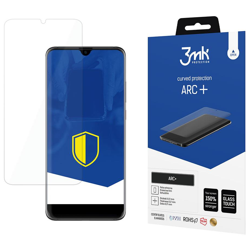 Un proteggi schermo e un telefono sono mostrati con una scatola blu che mostra il nome del marchio e le informazioni sul prodotto.