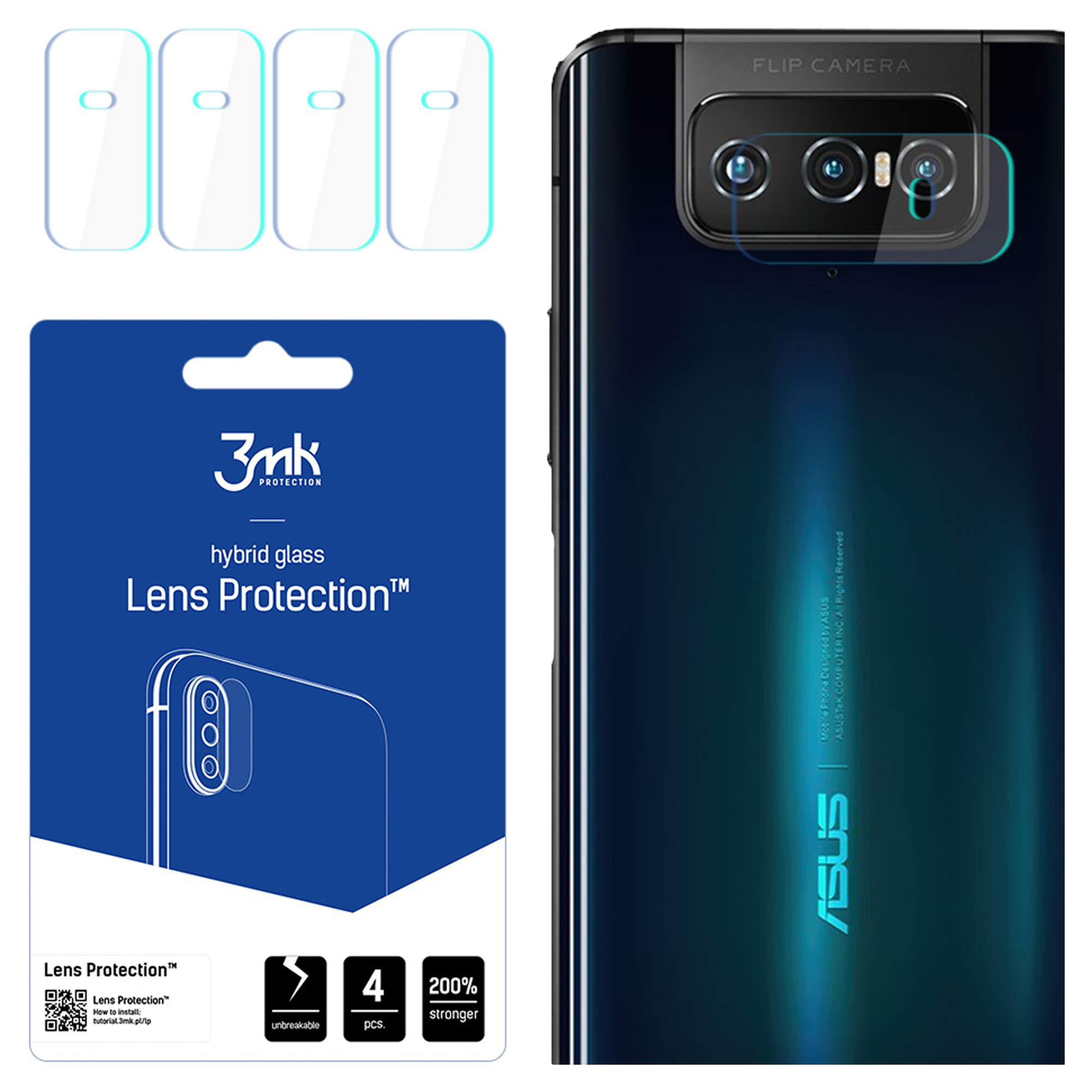 L'immagine mostra un telefono con protezioni per lenti, una confezione blu con informazioni sul prodotto e la parte posteriore del telefono con fotocamera.