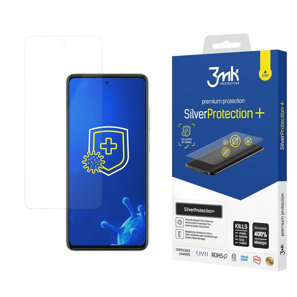 Pudełko z ochroną ekranu telefonu. Pudełko przedstawia telefon z ochroną ekranu, tekstem i znakiem plus.