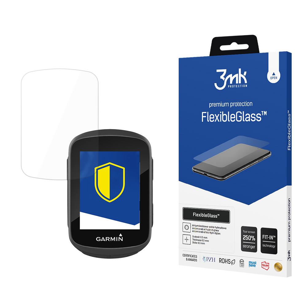 Un dispositivo Garmin con protezione schermo e una scatola FlexibleGlass 3mk.