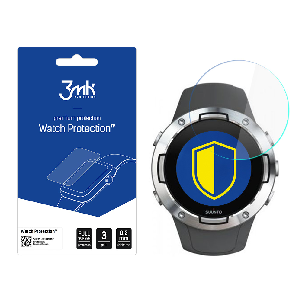 Un orologio e una protezione schermo. L'orologio è grigio e argento con uno scudo blu e giallo sullo schermo. La protezione è trasparente.