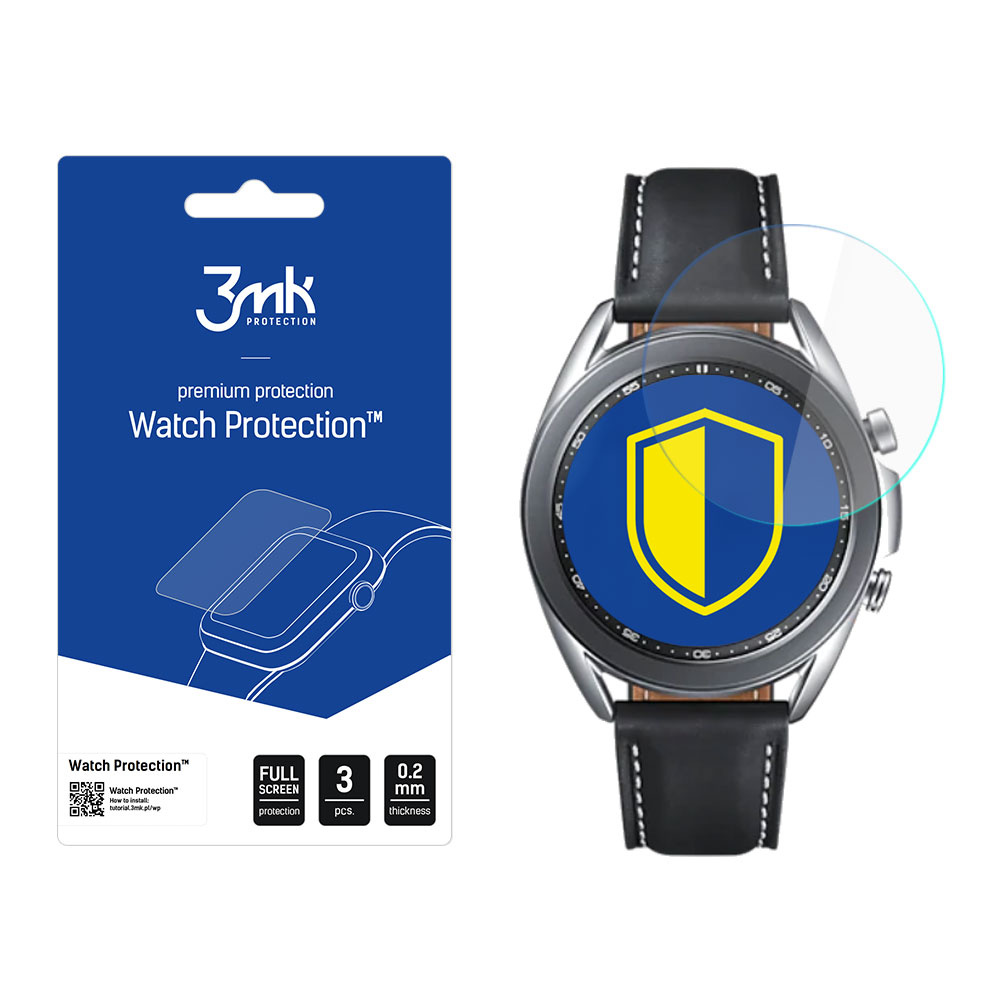 Uno smartwatch con protezione schermo e una confezione di protezioni schermo. La confezione riporta il marchio 3mk e Watch Protection.