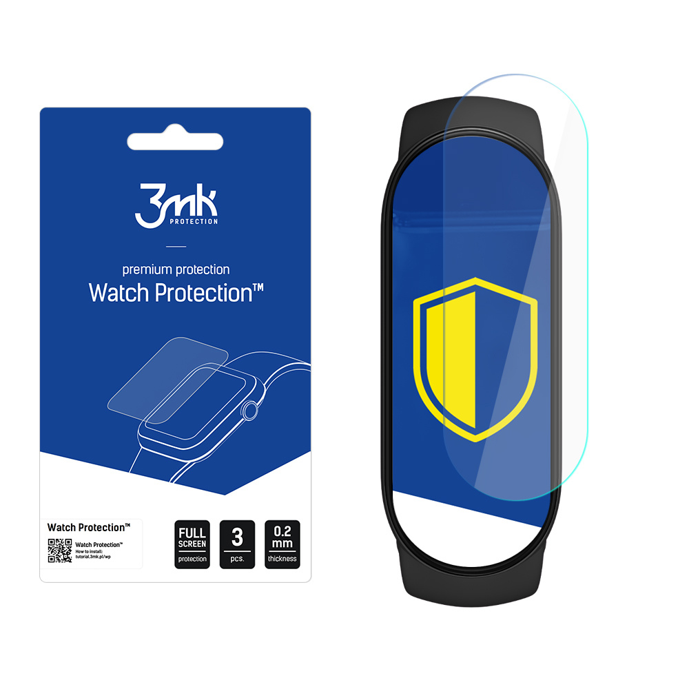 Un proteggi schermo per orologio, un fitness tracker e la sua confezione sono esposti su sfondo bianco. La confezione mostra 3mk Watch Protection.