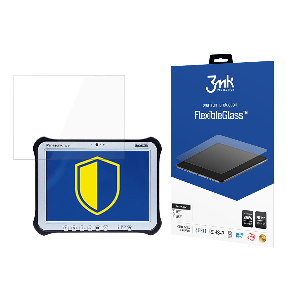 Un tablet con protezione schermo e scatola. Il tablet mostra uno scudo su sfondo blu. La scatola dice FlexibleGlass.