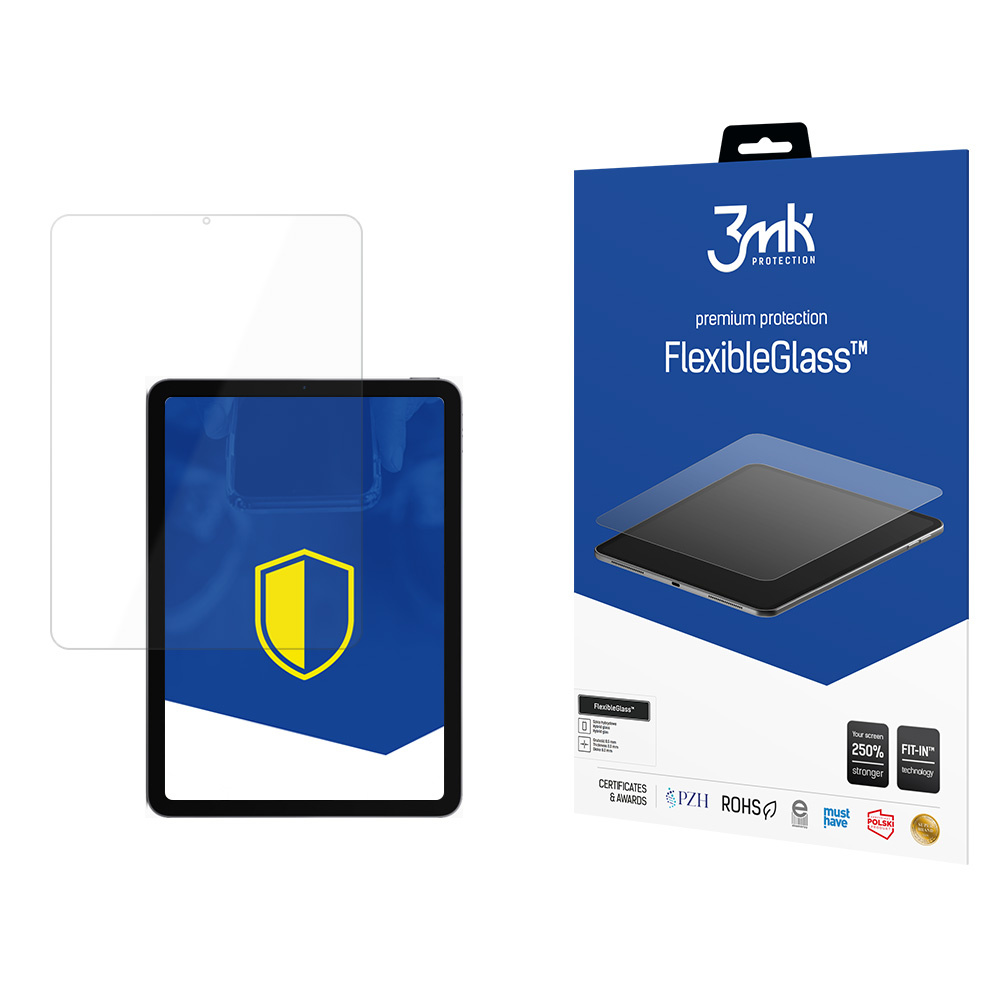 Tablet z ochraniaczem ekranu i niebieskie pudełko. Pudełko ma napis 'FlexibleGlass' i '3mk protection'.