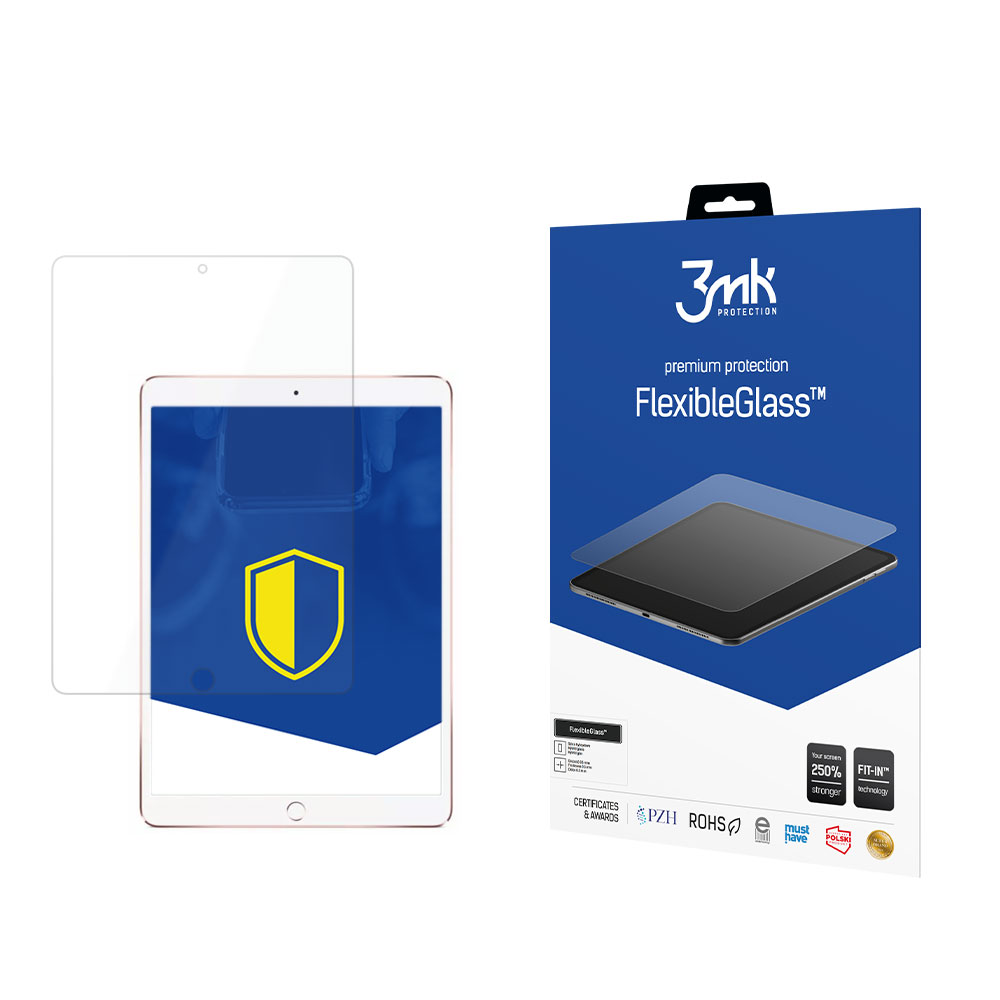 Un iPad con una protezione per lo schermo e la sua confezione sono in mostra. La confezione mostra un tablet con protezione.