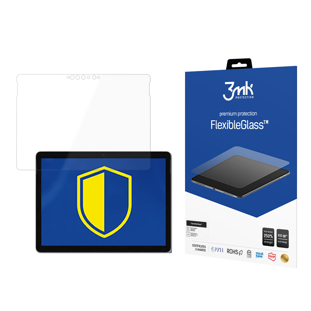 Un tablet con protezione schermo, una scatola con testo FlexibleGlass e uno scudo blu e giallo sul tablet.