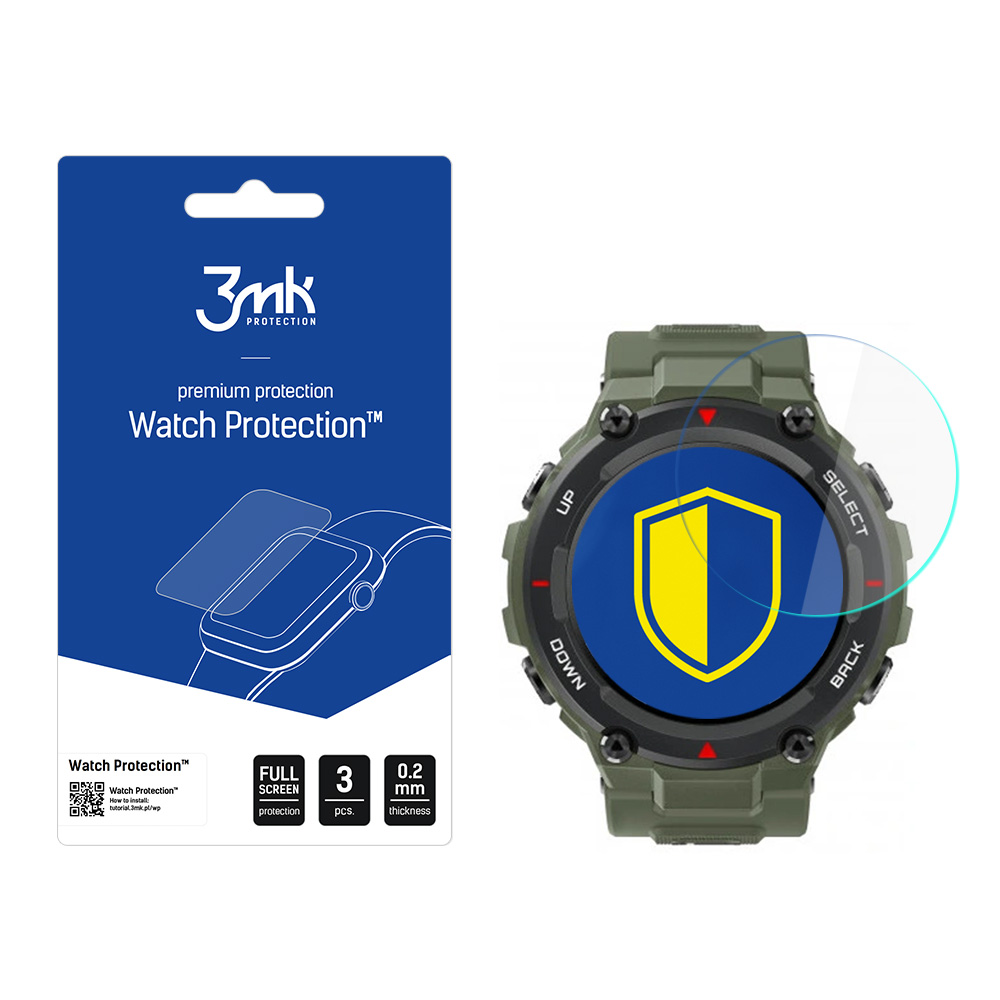 L'immagine mostra uno smartwatch con protezione schermo, una confezione con protezioni schermo e dettagli come schermo intero e spessore.