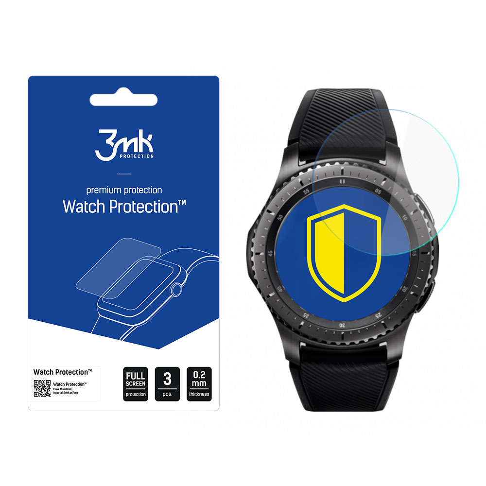 Un orologio e una confezione di protezione dello schermo. La confezione di protezione è blu con testo. L'orologio è nero con una protezione.
