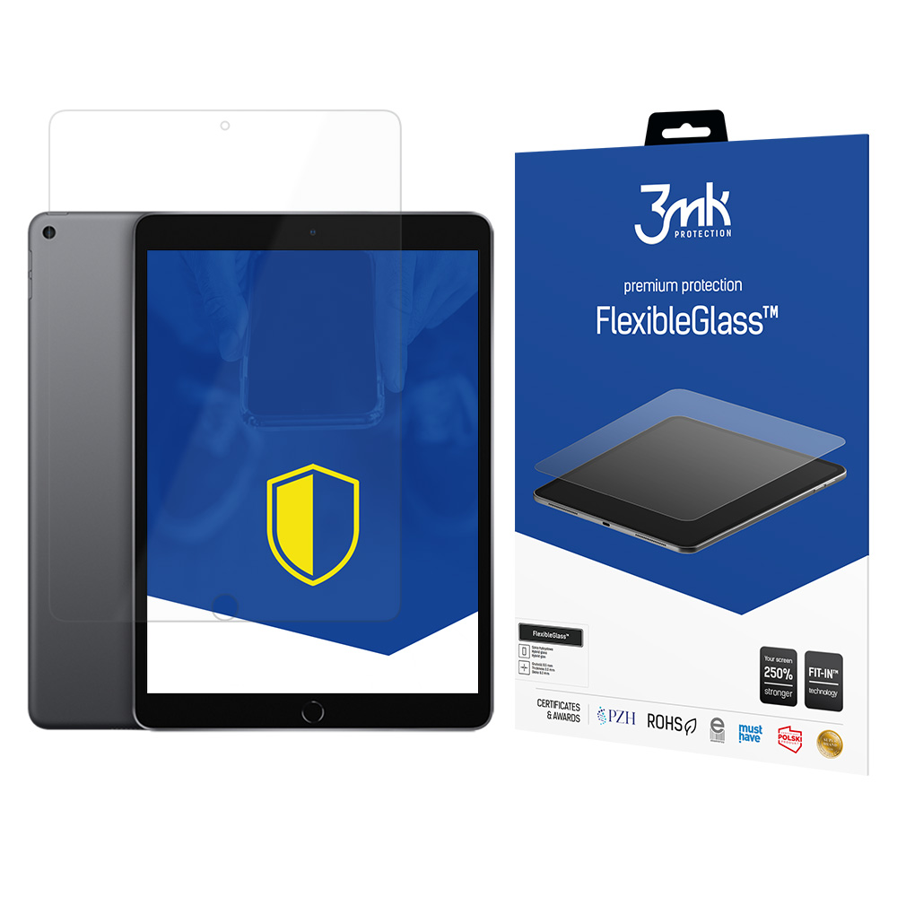 iPad z ochroną ekranu, pudełko FlexibleGlass, logo tarczy z żółtym i niebieskim tłem.