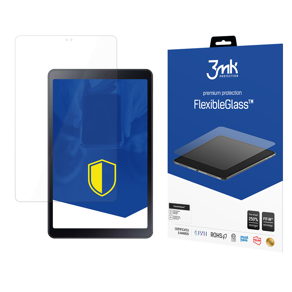 Un tablet con protezione schermo e una scatola dello stesso. La scatola dice FlexibleGlass.