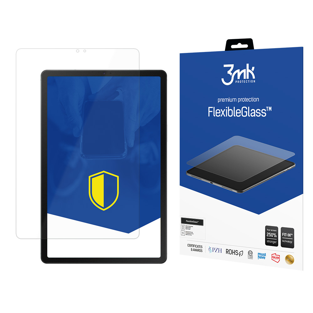 Tablet con protezione schermo, una scatola con testo e logo e un'icona a scudo su sfondo blu.