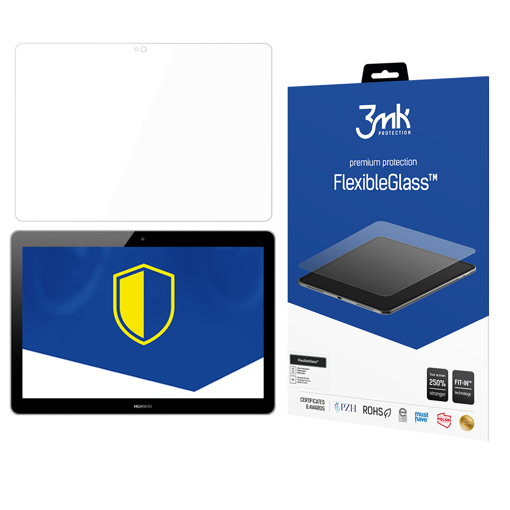 Un tablet, una protezione per lo schermo e una scatola di FlexibleGlass. Il tablet mostra uno scudo giallo su sfondo blu.