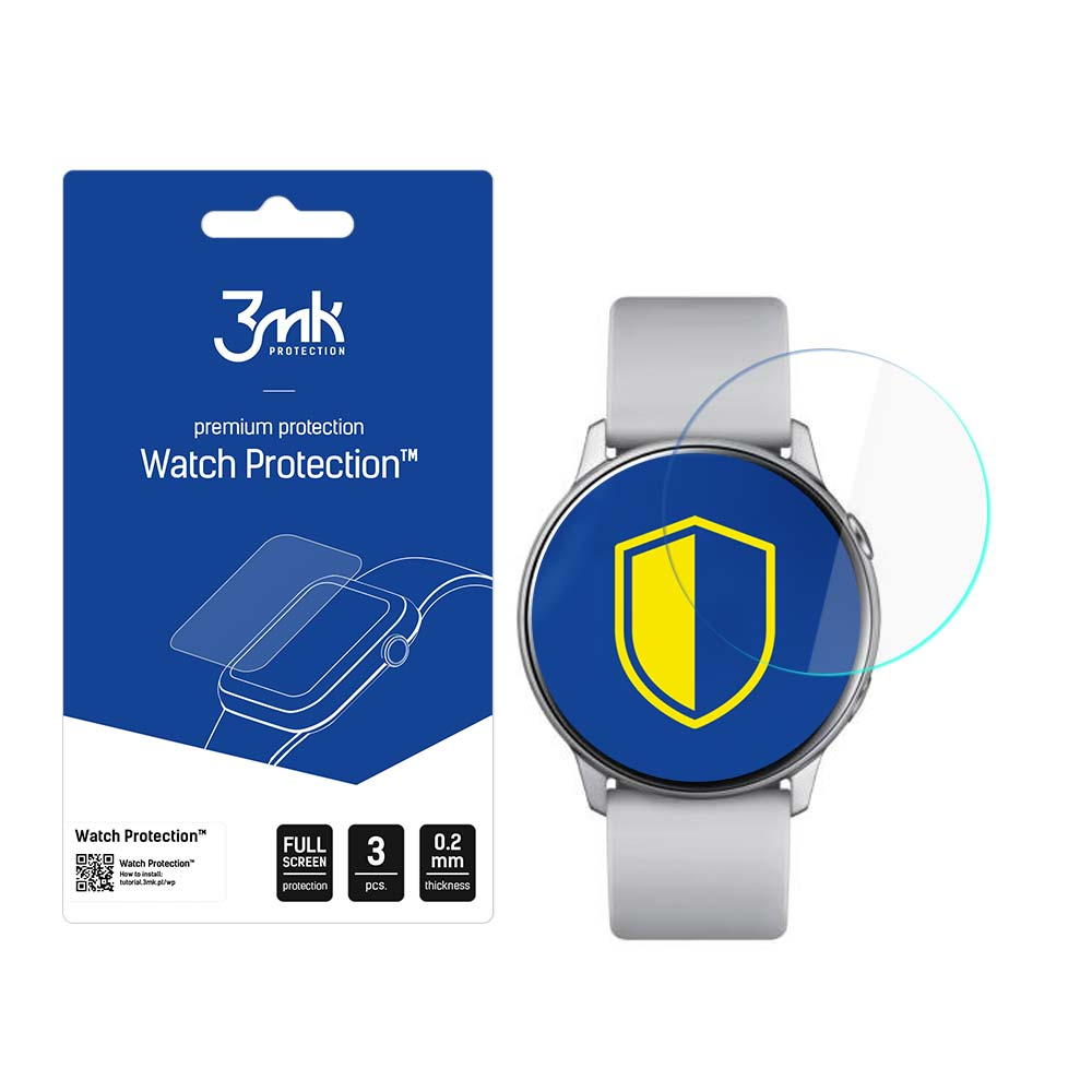 Un orologio con protezione schermo, una confezione con la protezione dell'orologio e uno scudo al centro.
