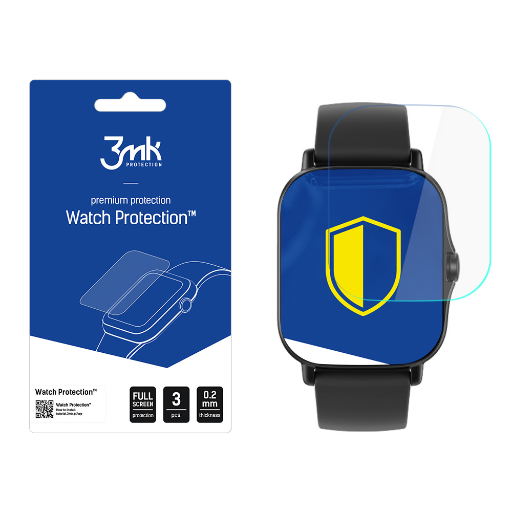 Uno smartwatch con protezione schermo e confezione con logo del marchio e dettagli del prodotto: Watch Protection.