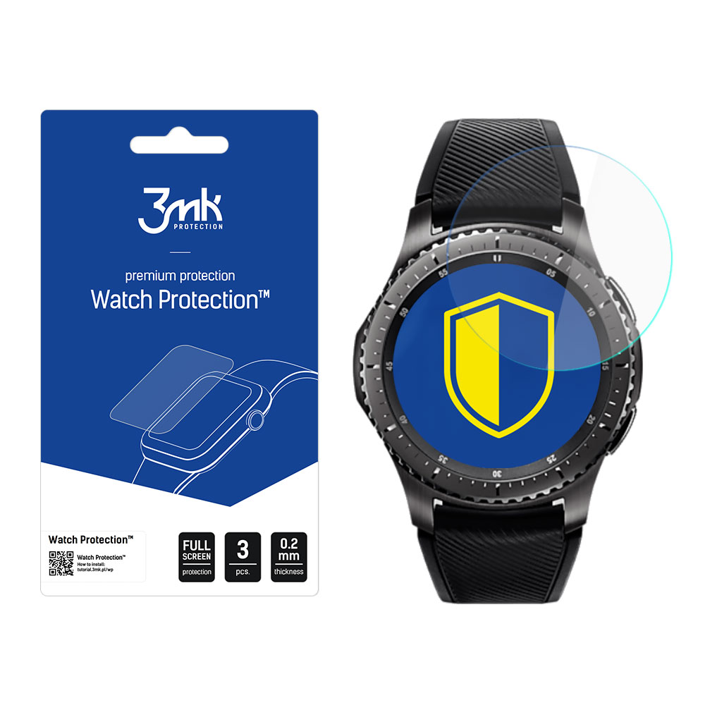 Uno smartwatch con protezione schermo e confezione. Sulla confezione c'è scritto Watch Protection e c'è l'immagine dell'orologio.
