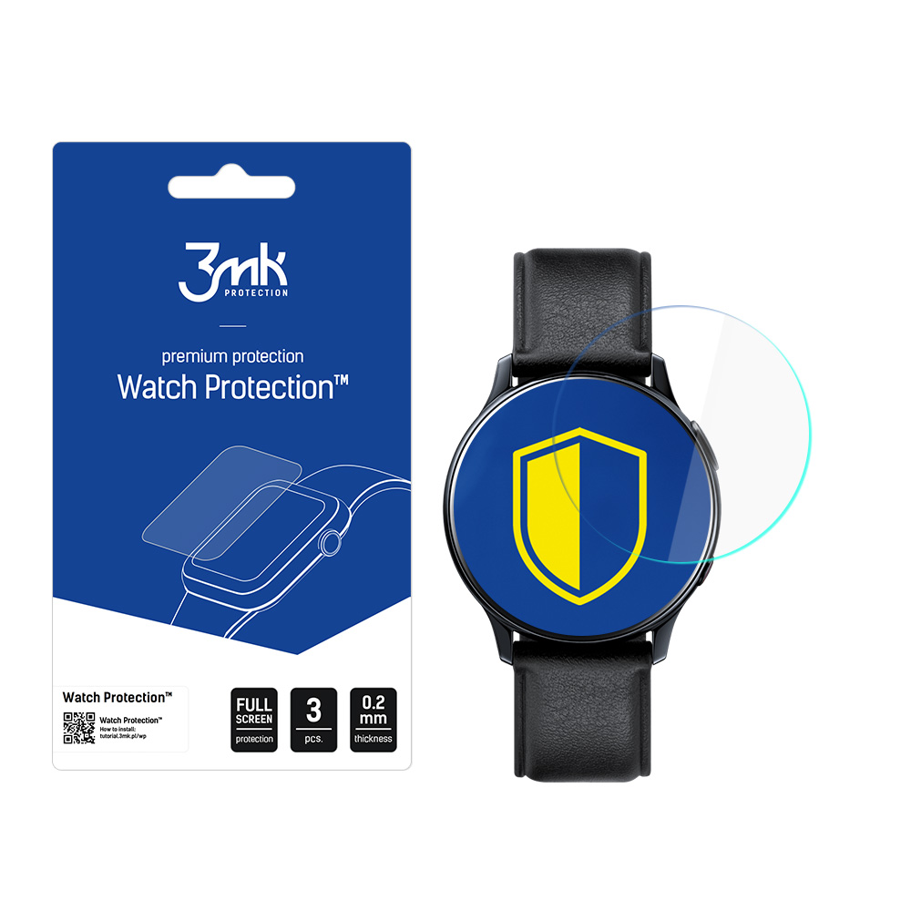 Uno smartwatch con protezione schermo, una confezione e un'icona scudo sul quadrante.