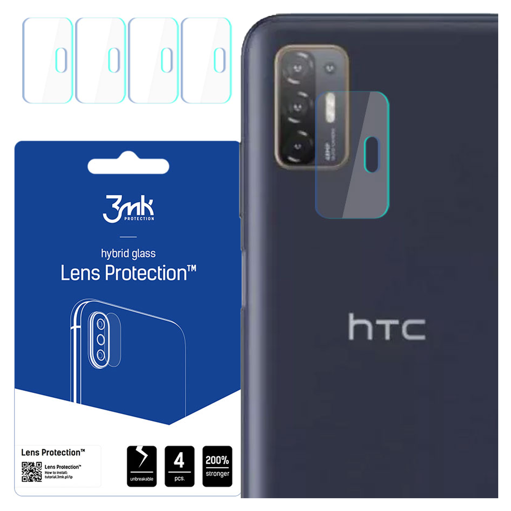 Un telefono con un proteggi obiettivo. Un pacco di protezioni è a sinistra. Il logo HTC è visibile.