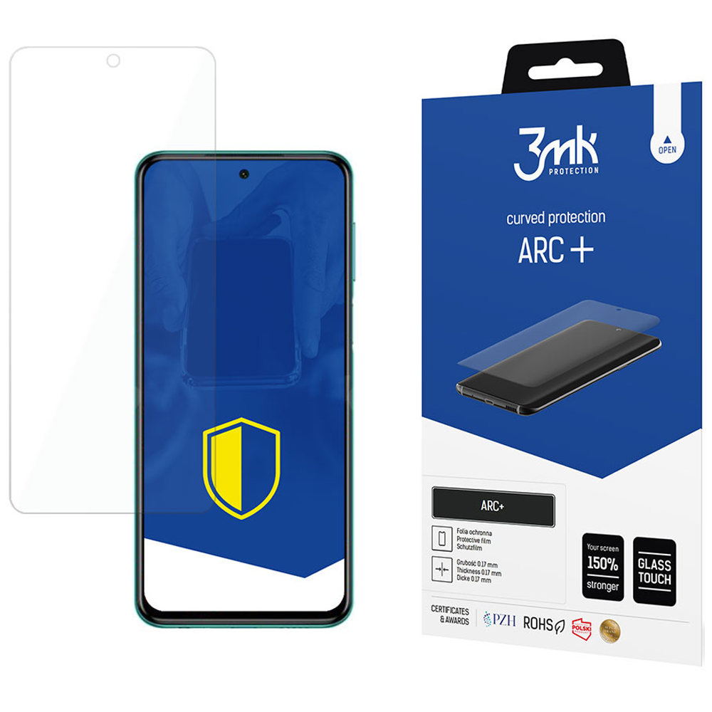 Ochraniacz ekranu telefonu i pudełko z folią ochronną. Pudełko jest niebieskie z białym tekstem i obrazem telefonu.