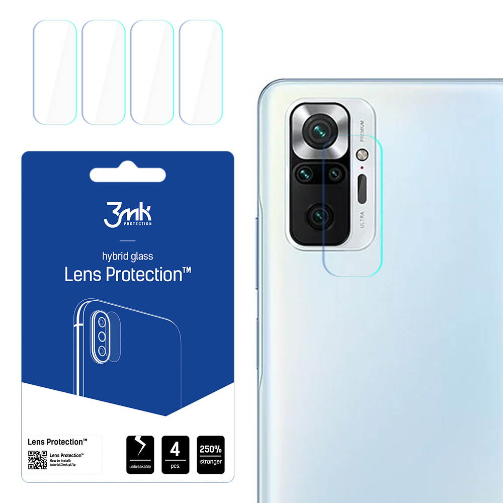 Un kit di protezione per lenti del telefono con 4 protezioni, un telefono e una confezione del prodotto con il marchio '3mk' e il nome del prodotto 'Lens Protection'.