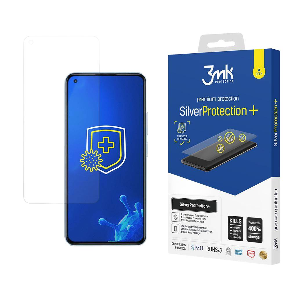 Una scatola di protezione dello schermo con telefono e protezione. Il testo recita 'SilverProtection+' e 'Kills 99% of germs'.