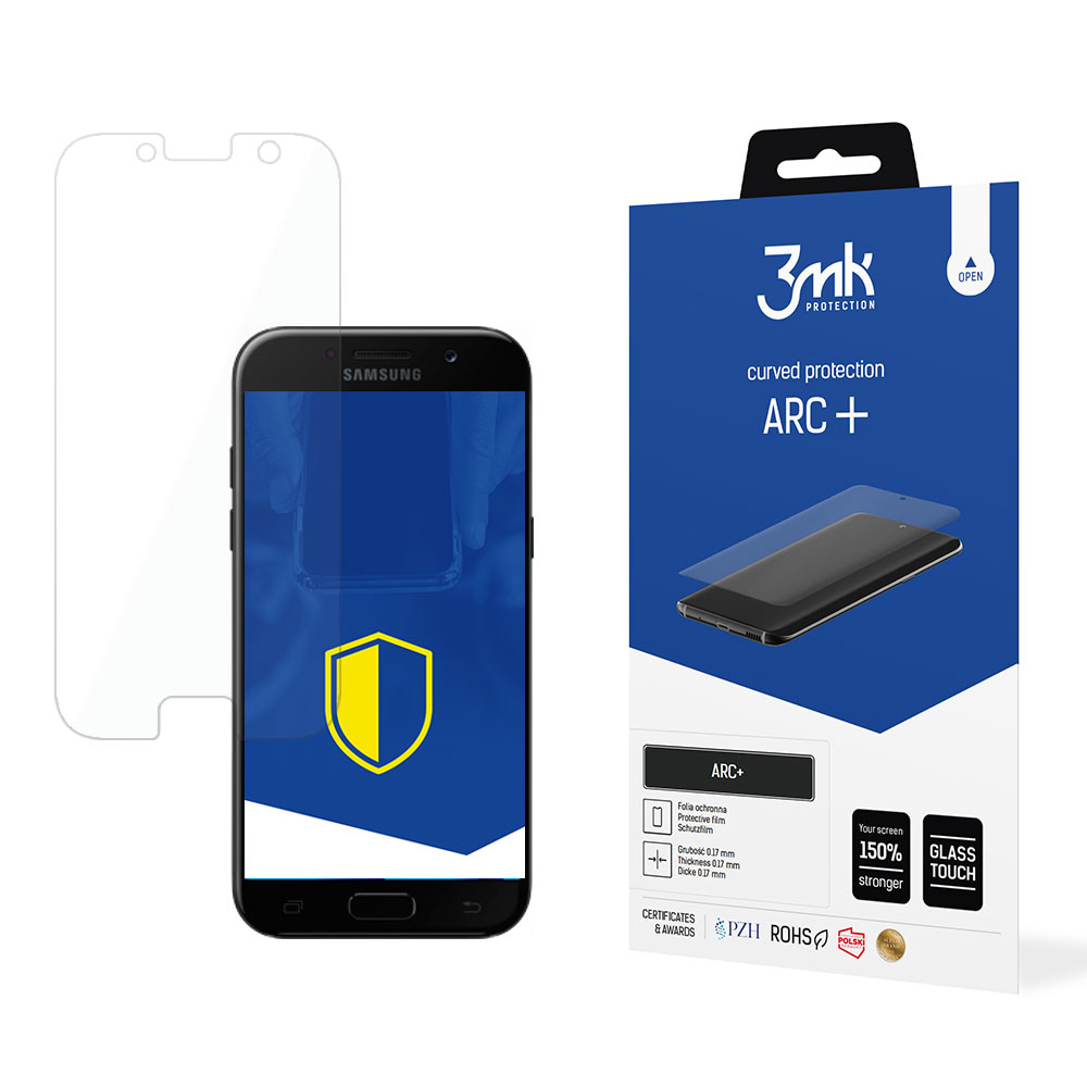 Un telefono e una protezione per lo schermo sono esposti con una scatola blu. Il telefono è nero e la protezione trasparente.