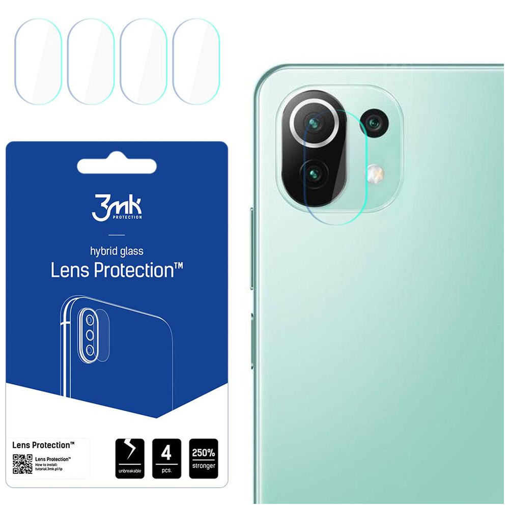 Ein Telefon mit Kameraschutz. Ein blaues Paket zeigt Linsenschützer und Telefonumriss. Text: Lens Protection, 4 Stk, 250% stärker.