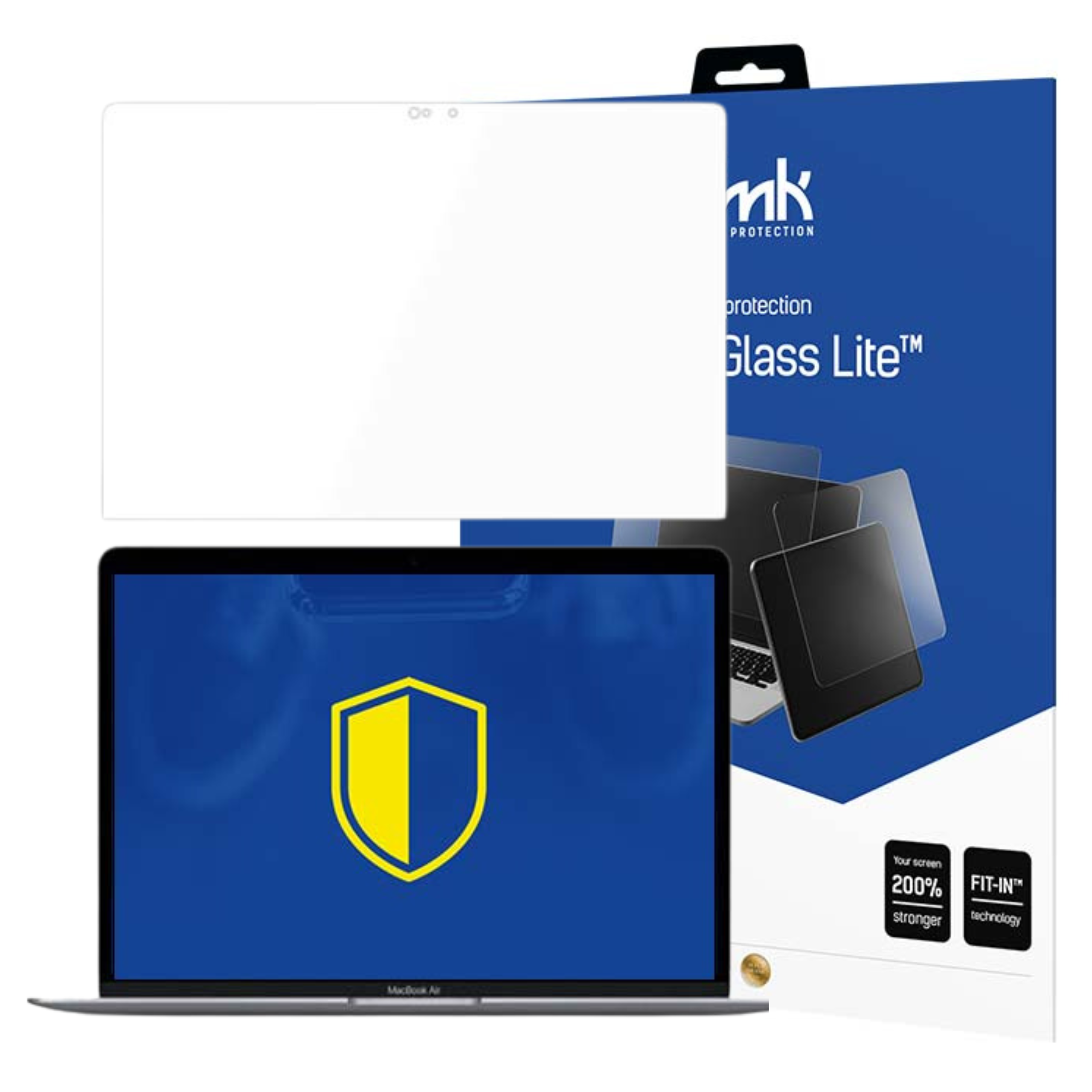 Un laptop con protezione schermo, una scatola con testo e uno schermo MacBook Air.