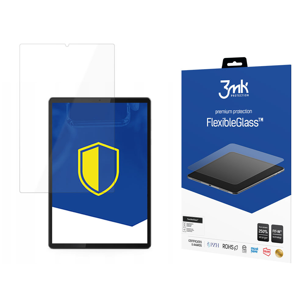 Una tableta con protector de pantalla y una caja con el nombre del producto. Logotipo del escudo en la pantalla de la tableta.