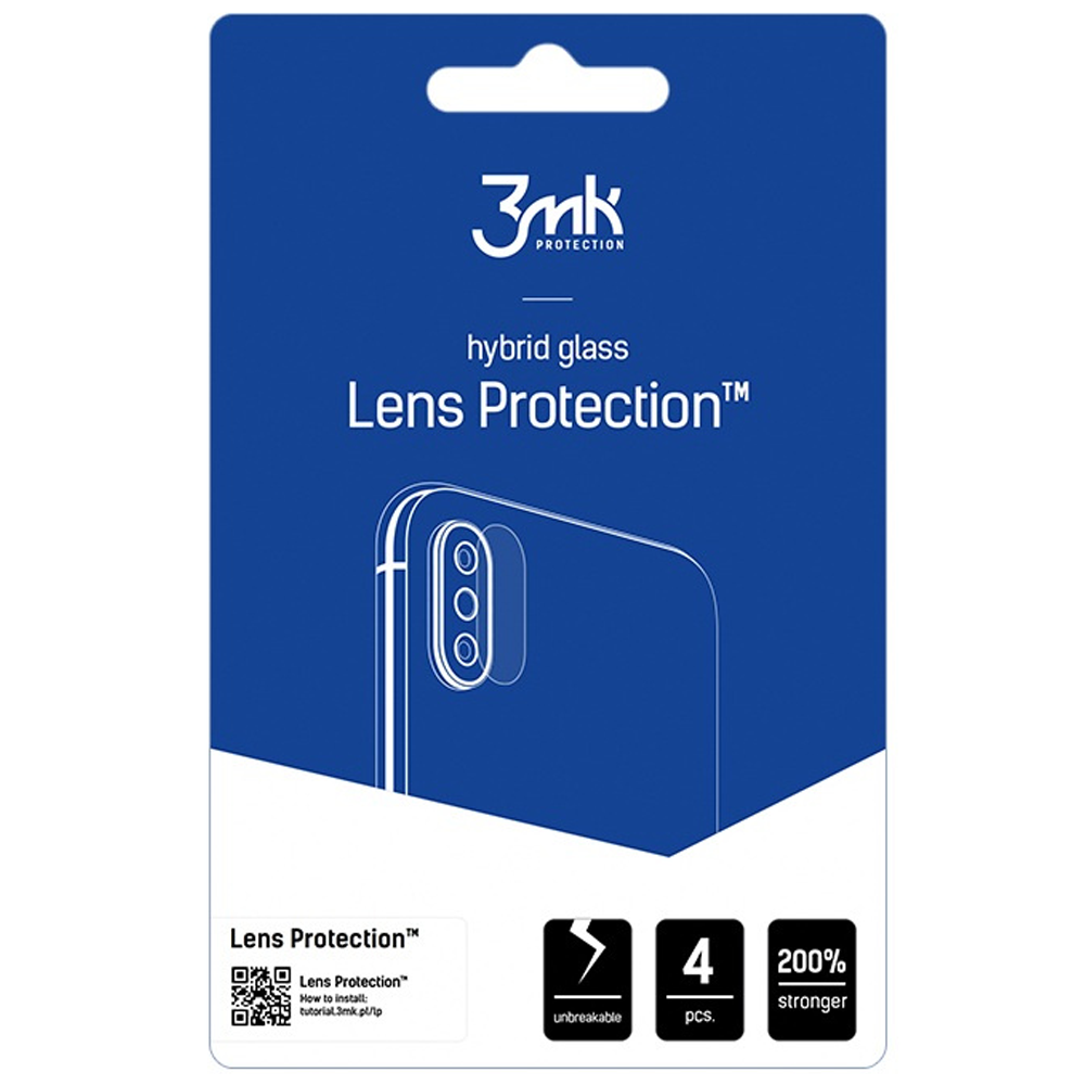 Una confezione blu mostra 'Lens Protection'. Mostra un contorno di telefono con lenti della fotocamera. Le etichette indicano 'infrangibile', '4 pezzi' e '200% più resistente'.
