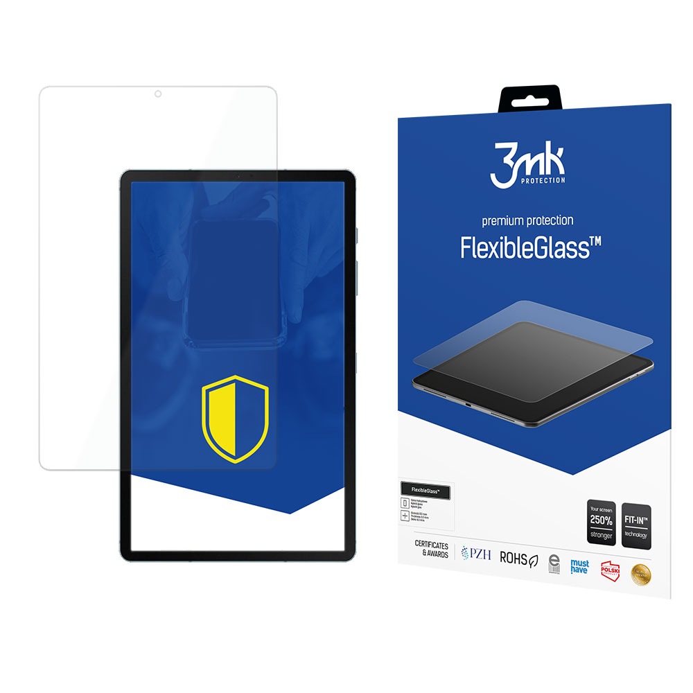 Una tableta con protector de pantalla y una caja de protector de pantalla. La caja tiene el texto FlexibleGlass y el logotipo 3mk.