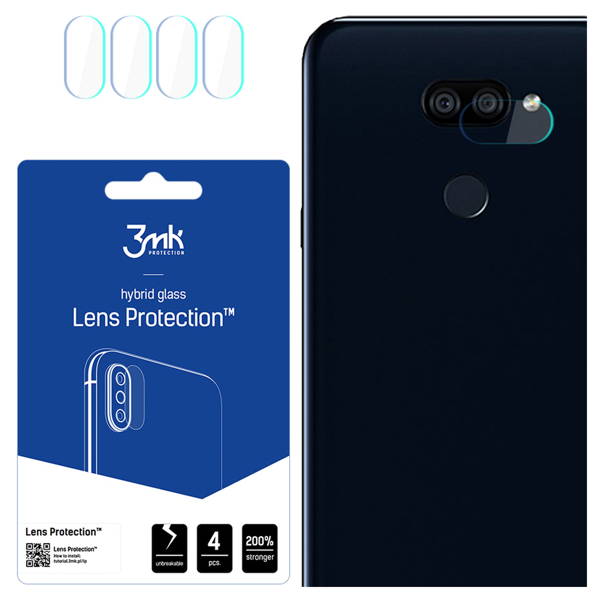 L'immagine mostra protezioni per lenti, un telefono e una confezione del prodotto con il marchio. Il telefono è nero.