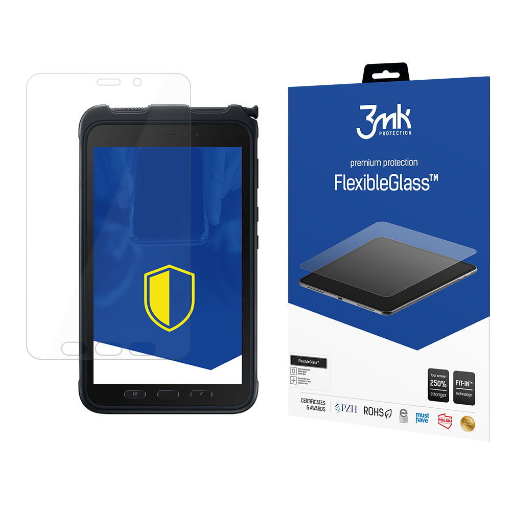 Un tablet con protezione schermo e una scatola di FlexibleGlass. Il tablet è nero e ha un logo a scudo giallo.