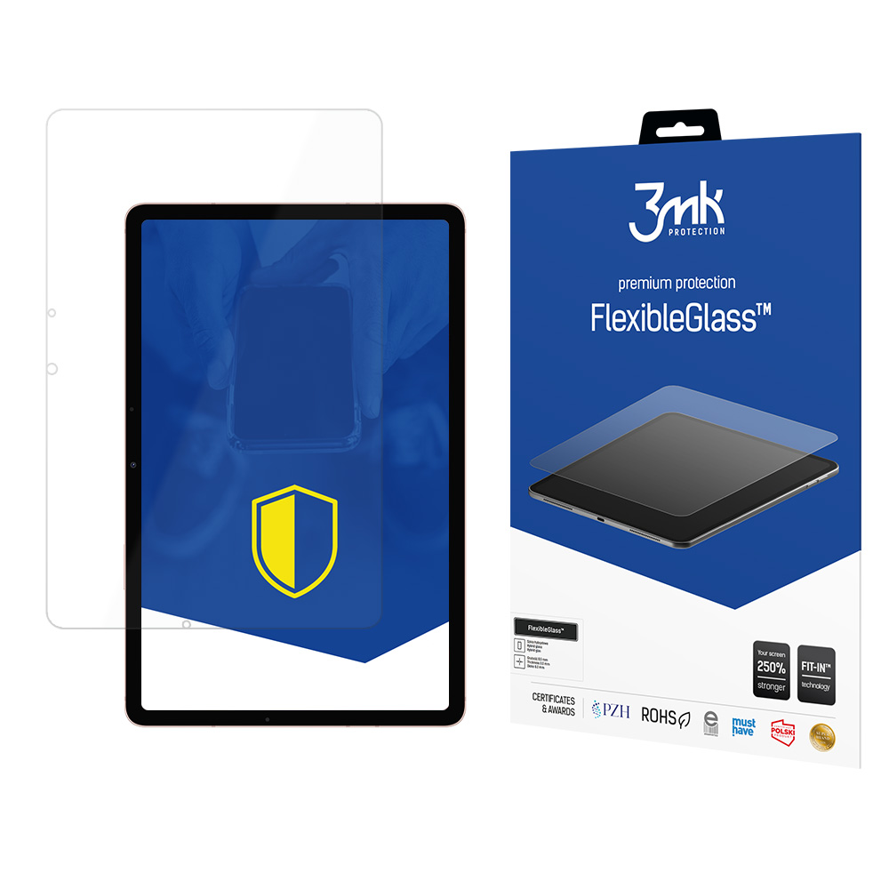 Un tablet con protezione schermo, una scatola con il nome del prodotto FlexibleGlass e una protezione schermo trasparente.