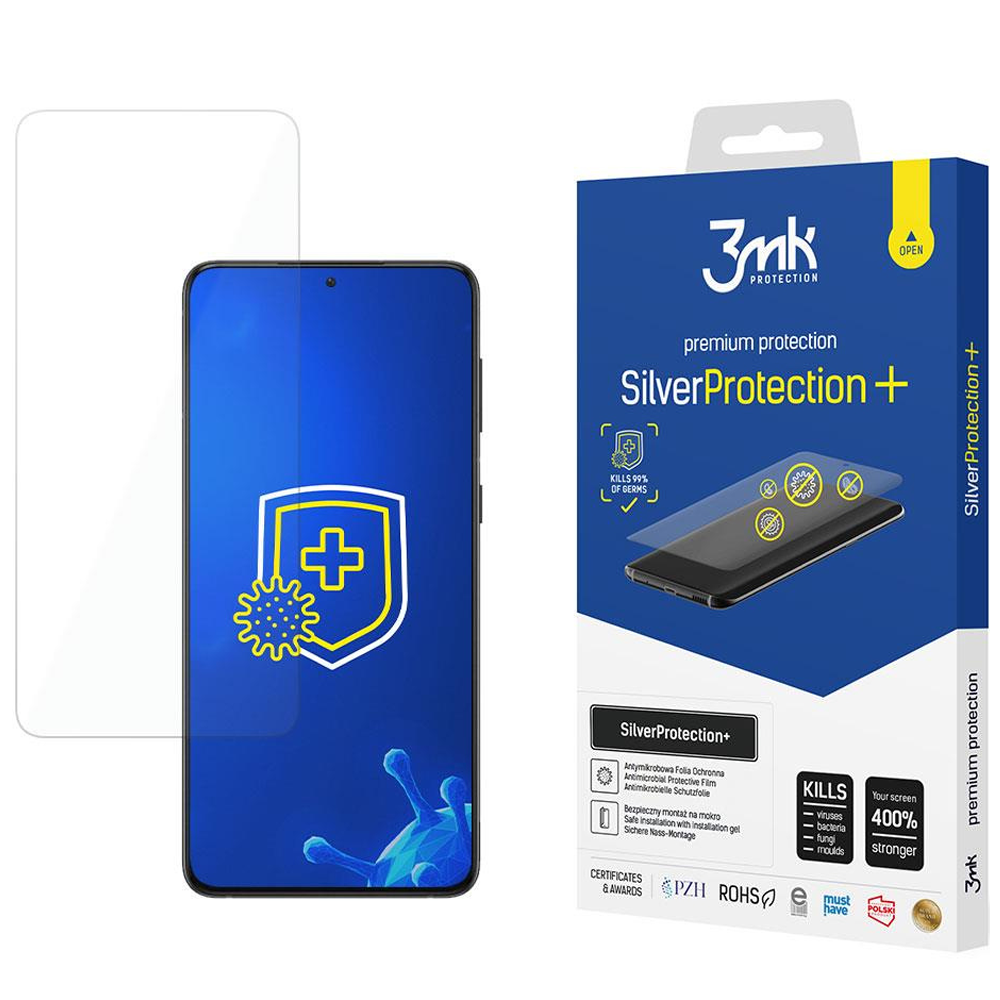 Pudełko z ochroną ekranu telefonu i telefon. Pudełko ma Silver Protection+ i zabija 99% zarazków. Telefon ma tarczę.
