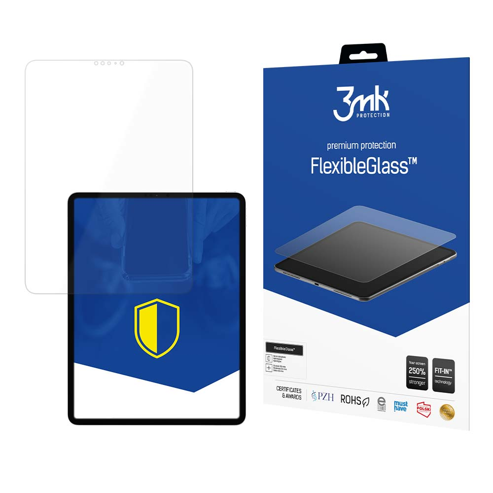 Na zdjęciu widać ochronę ekranu tabletu, tablet oraz opakowanie produktu. Na pudełku napis 'FlexibleGlass' i '3mk PROTECTION'.